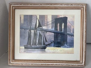 Brooklyn Bridge Segelboot Aquarell Artist Proof Lithographie signiert gerahmt 16x13" - Bild 1 von 13