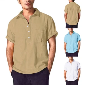 Men's Cotton Linen Short Sleeve T-Shirt Casual Work Button Loose Fit Tops Blouse - Picture 1 of 21