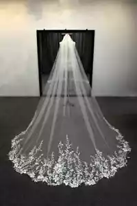 sparkling Ivory Long Bridal Wedding Veil Lace Appliques 3M Cathedral Veil - Picture 1 of 8