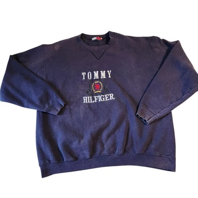 Sudadera de Colección Años 90 Tommy Hilfiger Para Hombre Cuello Redondo Bordada Azul Desteñida L Foto 1 de 4