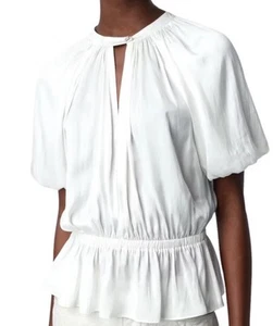 Zadig & Voltaire Tomina Satin White Blouse In Judo Large V Neck Puff Sleeves NWT - Picture 1 of 4
