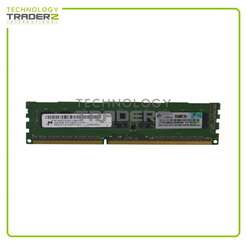 669322-B21 HP 4GB PC3-12800 DDR3-1600MHz ECC Unbuffered Smart Memory 669238-071 - Image 1 of 1
