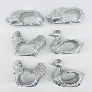 Lot of 6 Pewter Farm Animal Napkin Rings Country Cottagecore Grannycore Silver - Picture 1 of 9
