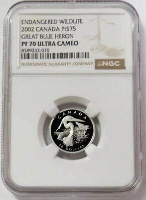 2002 PLATINUM 344 MINTAGE CANADA $75 GREAT BLUE HERON 1/4 OZ NGC PROOF 70 UC - Image 1 of 3