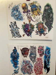 2 Vintage 1996 Wall Art Tattoo Flash Sheets By Edward Lee Genie Clown Doll C-26 - Picture 1 of 5