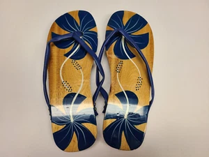 Hawaii Motiv Holz Clogs Damengröße 8 Blumendruck blaue Sandalen - Bild 1 von 9