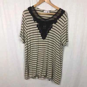 Kim Rogers Curvy Women's Striped Lace Neck Short Sleeve Shirt Tan Black Size 2X - Picture 1 of 5