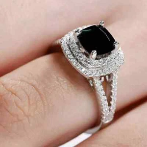 2Ct Cushion Cut Lab Created Black Diamond Double Halo Ring 14K White Gold Plated - Picture 1 of 7