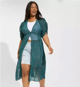 Torrid Chiffon Ruched Sleeve Kimono Green Plus Size 1 - Picture 1 of 8