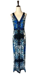 Vestido Eci New York Mujer 6 Azul Negro Cachemira Cuentas Cuello en V Lazo Espalda Maxi Boho - Imagen 1 de 11