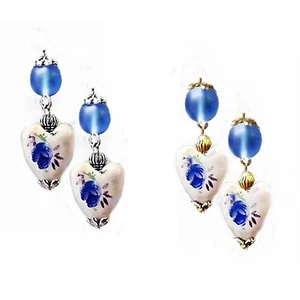 Earrings love heart Blue and White porcelain, choose Clip on Pierced - Picture 1 of 4