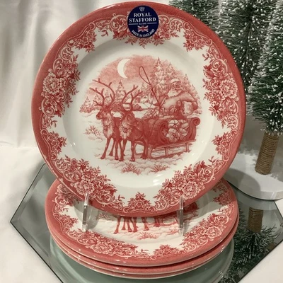 Royal Stafford Christmas SANTA'S SLEIGH RED Porcelain Salad Plate - Set of 4 NEW - Image 1 of 4