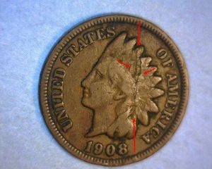 1908 INDIAN HEAD CENT 🌟 LAMINATION OBVERSE 🌟BETTER DATE🌟US ERROR🌟SALE🌟 - Picture 1 of 3
