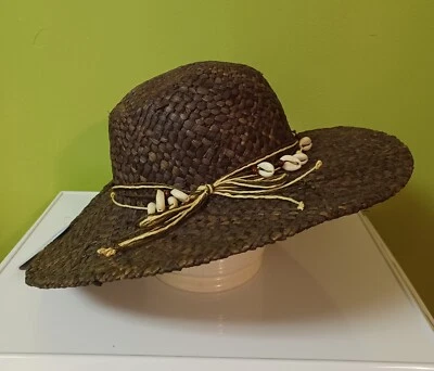 Sombrero Dorfman Pacific Company para mujer talla única con ribete de concha marina marrón 100 % paja Foto 1 de 4