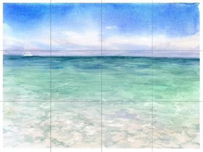 Mosaic Ceramic Panel of Sea Waves Watercolor Backsplash Tile Mural Art - Image 1 of 4