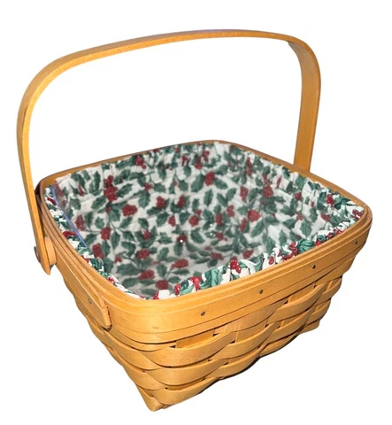Longaberger 1999 Signed Holly Berry Liner Square Handled Basket and Liner Cover