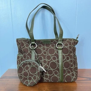 TUMI Wool Leather Trim Tote Shoulder Bag & Wallet Brown Green 13"x9.5" Circles - Picture 1 of 21