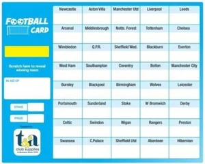 FOOTBALL SCRATCH CARDS 40 Team Names Players Fundraising A5 Card Charity Event - Picture 1 of 6