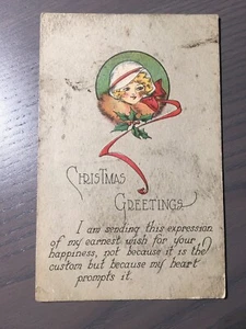 Vintage Weihnachtsgruß Postkarte Bild ~ hübsches Mädchen ~ Nachricht - Bild 1 von 4