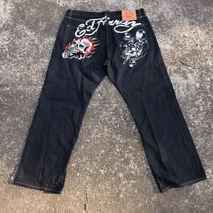 Ed Hardy 42 X 34 Great Wash SKULL Detail Straight Leg Baggy Jeans - Picture 1 of 5