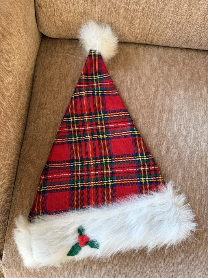Festive Plaid Santa Claus Hat Tartan Holly Christmas Wear/ Christmas Pom Pom - Image 1 of 3