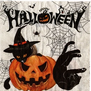 Paquet 20 serviettes papier chat Halloween. Pack 20  Paper napkins cat Halloween - Picture 1 of 1