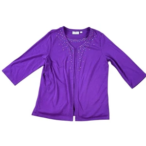 Quacker Factory Twinset Cardigan Top Beaded Embellished Purple Size L Cotton - Picture 1 of 4