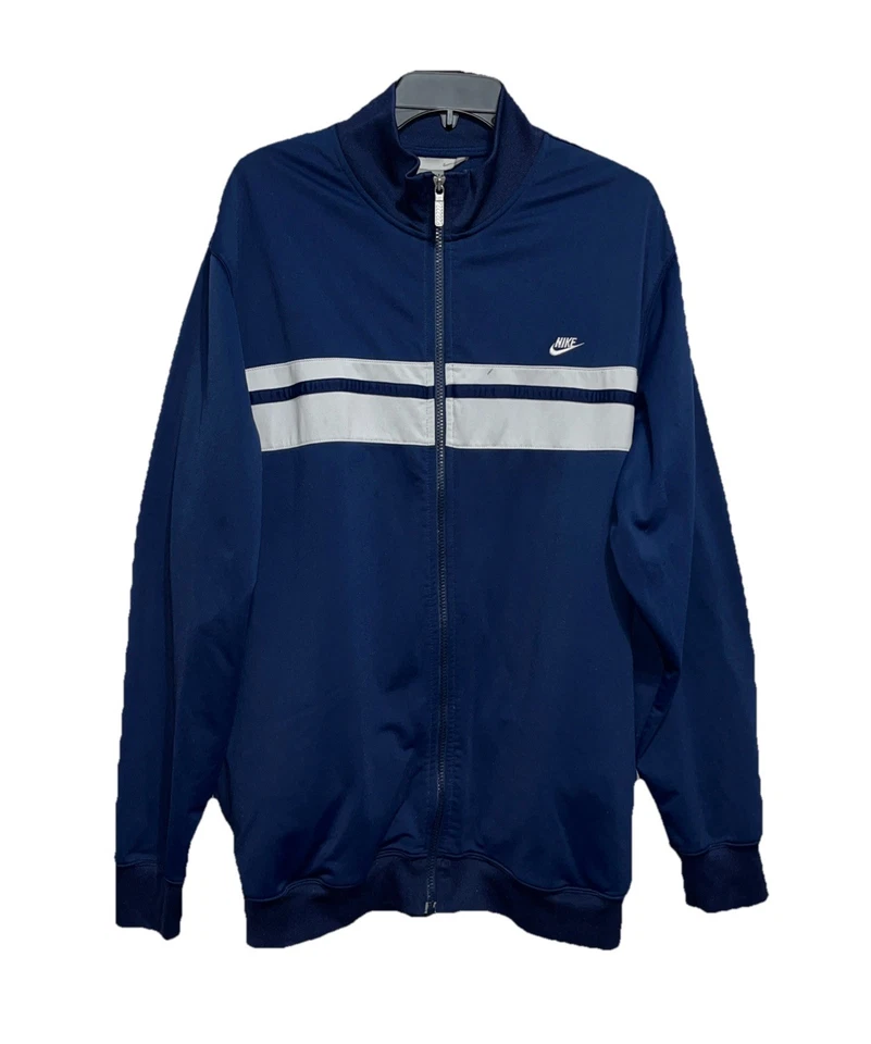 复古耐克田径夹克男式 XL 蓝色白色全拉链 Swoosh 标志口袋 — 第 1/4 张图片