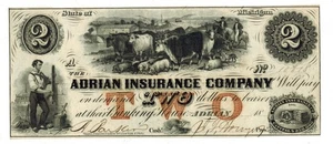1850s Adrian Michigan ADRIAN INSURANCE COMPANY $2 Obsolete Currency Remainder - Picture 1 of 2