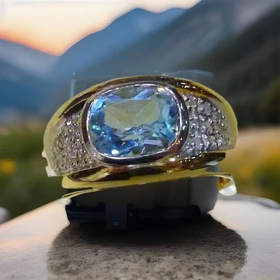 Aquamarine ring 585/14k gold ring 60 (19.1 mm Ø) women's ring with 22 diamonds - Image 1 of 4