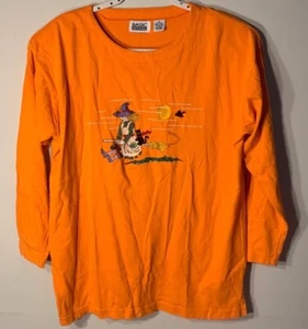 Vtg 90s Orange Halloween Long Sleeve T Shirt Witch Broom Cat Sz M Basic Editions - Picture 1 of 4