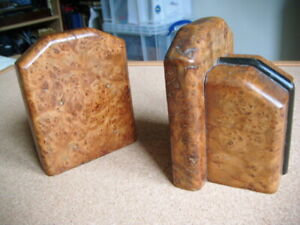 Pair Art Deco solid wood Bookends  - solid burr walnut & darkened oak stripe