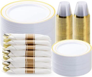 350PCS Gold Plastic Dinnerware Set, Disposable Party Plates for 50 Guests - Picture 1 of 6