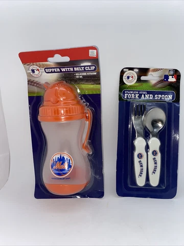 MLB New York Mets Child Steel Fork Spoon Set & Sipper With Belt Clip Drink Cover