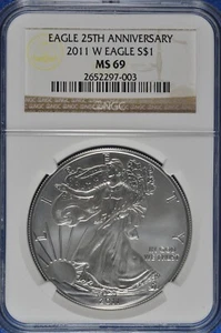 2011 W Burnished 1 OZ Silver American Eagle NGC MS 69 25th Anniversary - Picture 1 of 2
