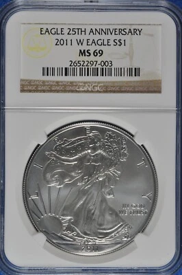 2011 W Burnished 1 OZ Silver American Eagle NGC MS 69 25th Anniversary - Image 1 of 2