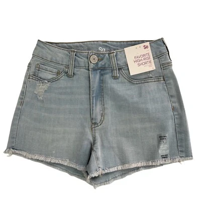 SO by Kohl’s Jr Women’s Blue Jean Bootie Shorts Size 3 Frayed Hem Stretch Pocket - Image 1 of 4