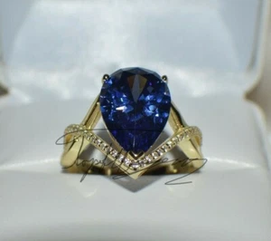 8 ct PREMIUM AAAA TANZANITE & 40 VVS DIAMOND DINNER GYPSY 14K Y GOLD PLATED S-8. - Picture 1 of 12