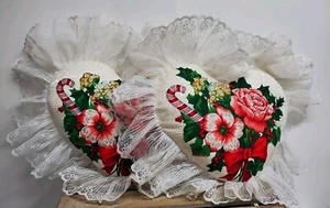 Set Of Two Christmas Floral Lace Edge Cottage Pillows - Picture 1 of 15