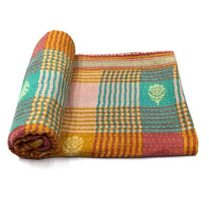 Vintage Kantha Quilt Indian Handmade Cotton Bedspread Authentic Blanket Throw - Picture 1 of 6