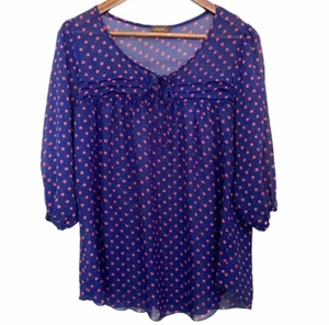 Lavish Maternity Women's Blue Pink Polka Dot Tie Neck 3/4 Sleeve Blouse Sz Large - Picture 1 of 5