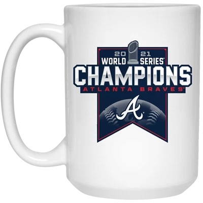 Taza de café de cerámica blanca de 15 oz Champions Atlanta Braves v4 de la Serie Mundial 2021 Foto 1 de 3