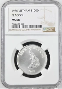 1986 Vietnam 100 Dong Silver World Coin ~ NGC MS68 ~ Peacock - Picture 1 of 5