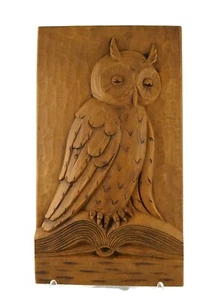 Owl on a Book Hand Carved Wood Plaque For Wall Great Gift Hunters Cabin Lodge - Picture 1 of 4