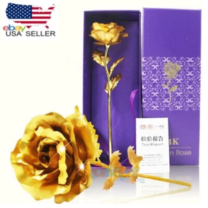24k Dipped Plated Foil Rose Gold Long Term Flower Valentines Romantic w/Gift Box - Picture 1 of 20