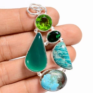 Green Chalcedony Amazonite Gemstone Fashion 925 Silver Pendant 2.3" ARP-5595 - Picture 1 of 3