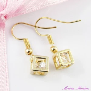 18k Gold GF Cubic Zirconia Cube Hook Earrings - Picture 1 of 1