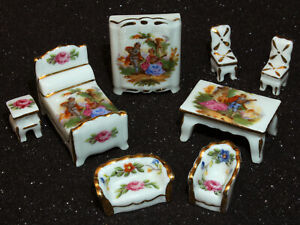 LIMOGES Made in France Miniature Porcelain SET Bed table chair sofa wardrobe WOW