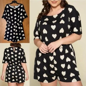 Heart Print Jersey Romper Women's 1X Black Ivory Short Elbow Sleeve Pockets NEW - Picture 1 of 7