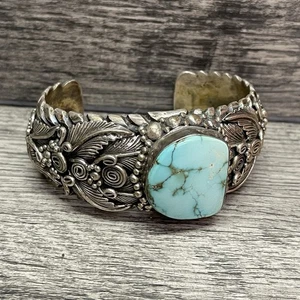 RARE Signed Navajo Robert Shakey Sterling Silver Turquoise Cuff Bracelet - Picture 1 of 14